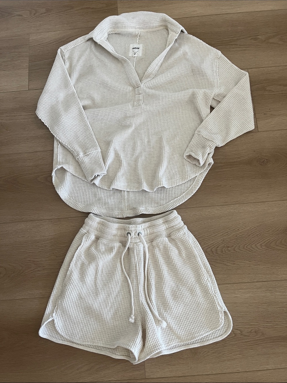 aerie Waffle-Knit Lounge Top & Drawstring Shorts in Cream